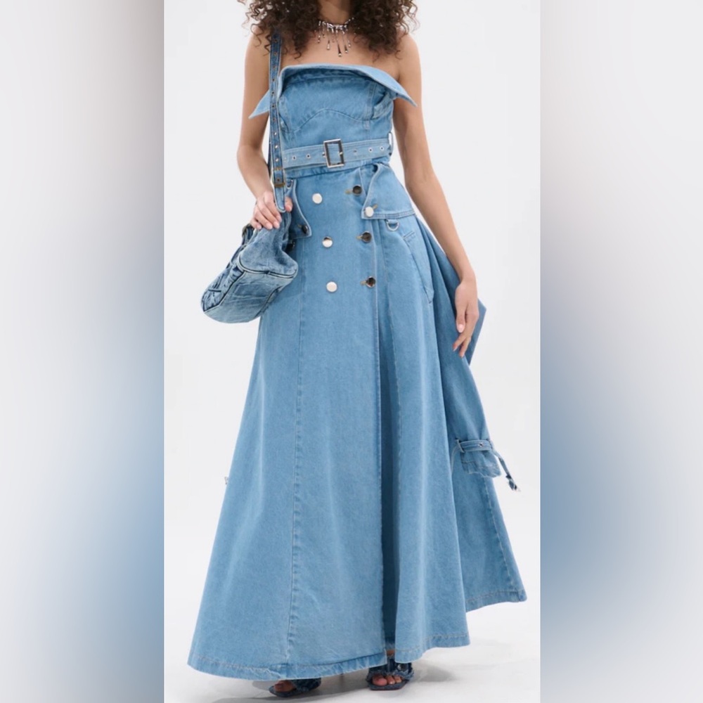 NWT AKIRA Denim Strapless Maxi Dress with Belt and detailed sleeves etc size M/L